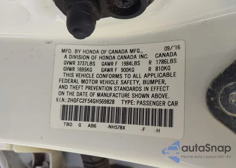 2016 Honda Civic Lx из США, поврежденный, VIN 2HGFC2F54GH569828